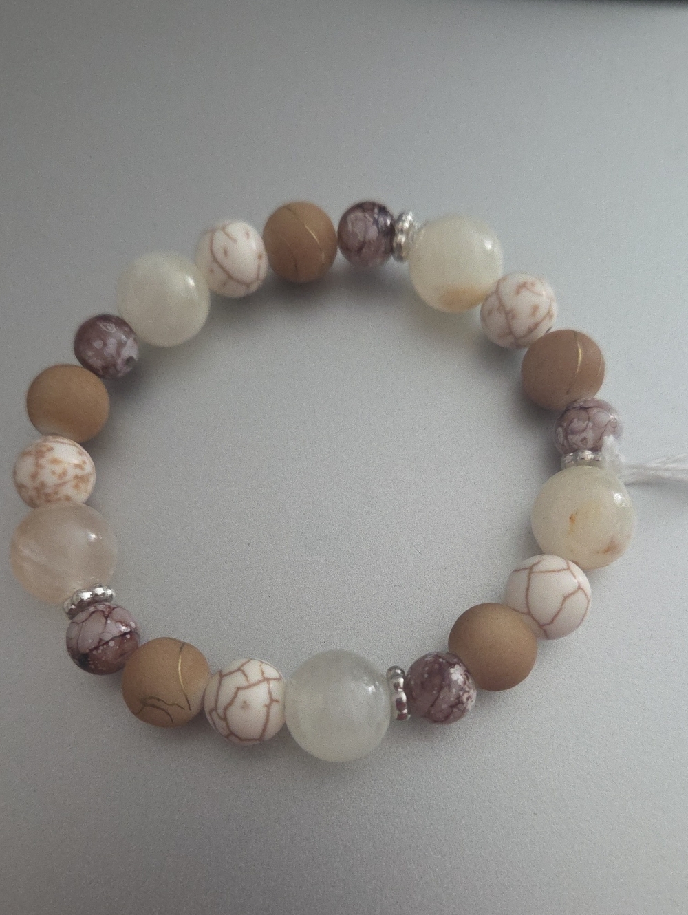 Neutral Earth Tone Beaded Stretch Bracelet - White, Brown & Taupe